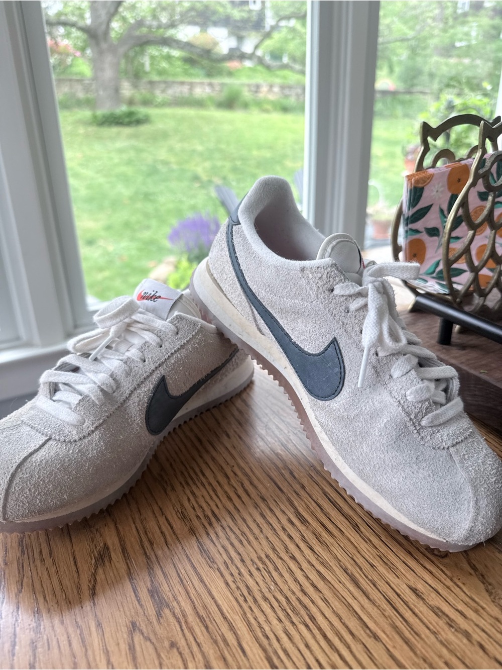 Nike Suede Cortez Runners in Light Gray with Dark Blue Swoosh